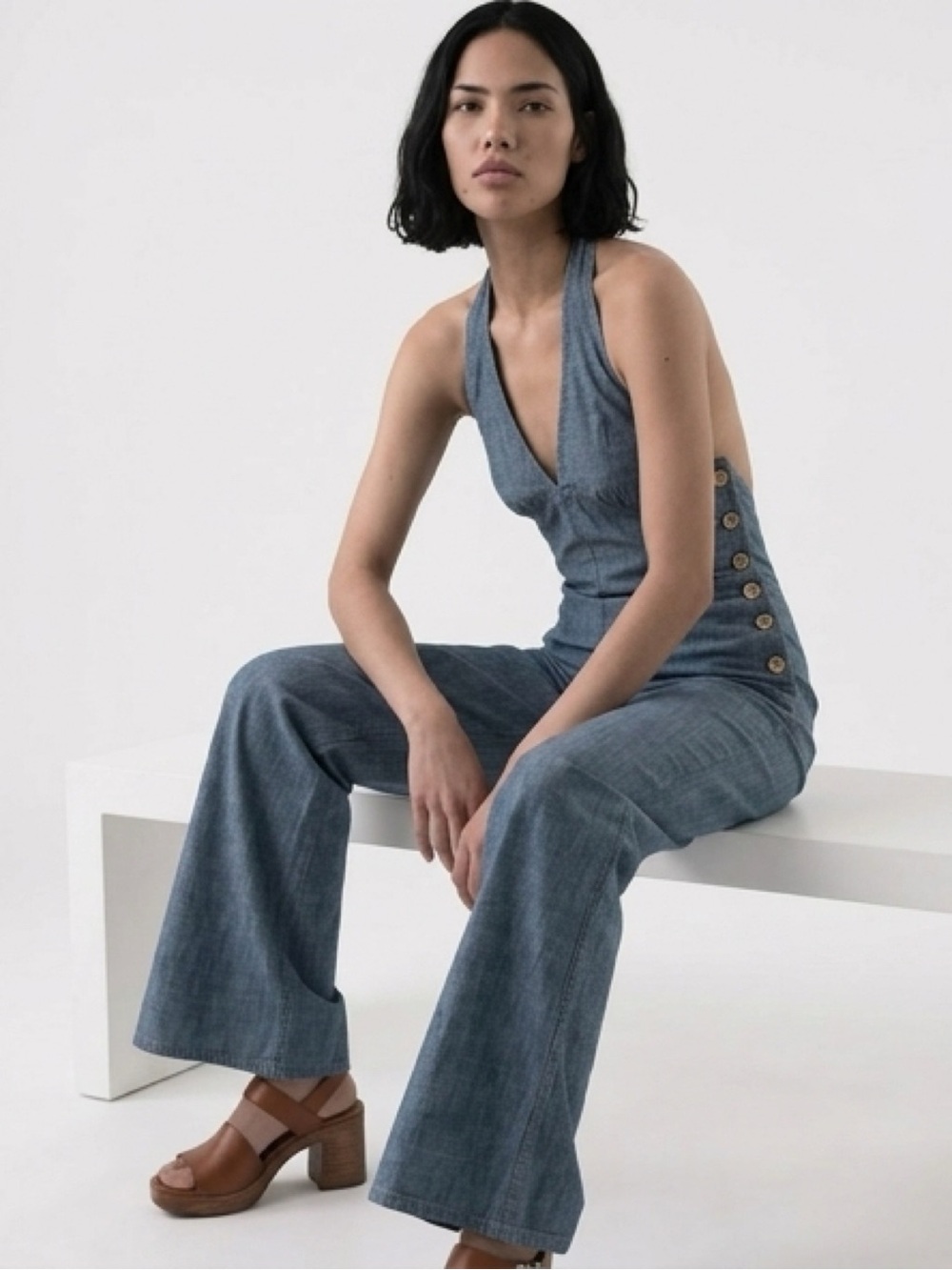 Free People Denim-Blue Button-Front Halter Jumpsuit